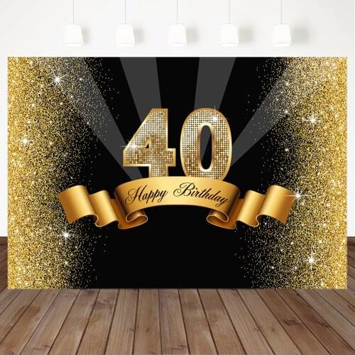 Happy 40th Birthday Backdrop Golden Ribbon Shiny Forty Birthday Photo Background Custom Vinyl Birthday Party Banner Backdrops