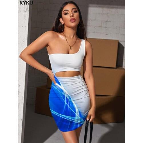 KYKU Dark Blue Dresses Women Abstract Vestido Sexy Psychedelic Halter Sleeveless Art Hollow out Dresses Womens Clothing