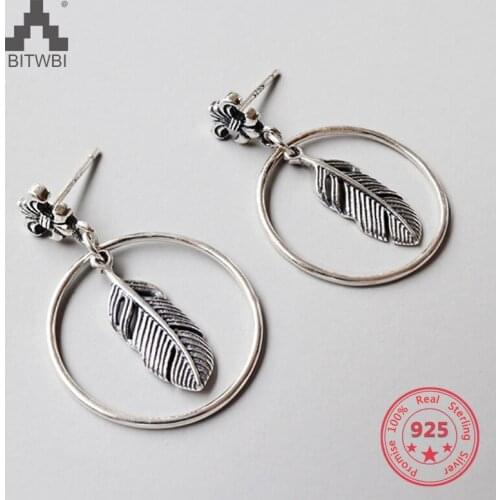 100% S925 Sterling Silver Fashion Vintage Old Cross Flower Round Feather Stud Earrings
