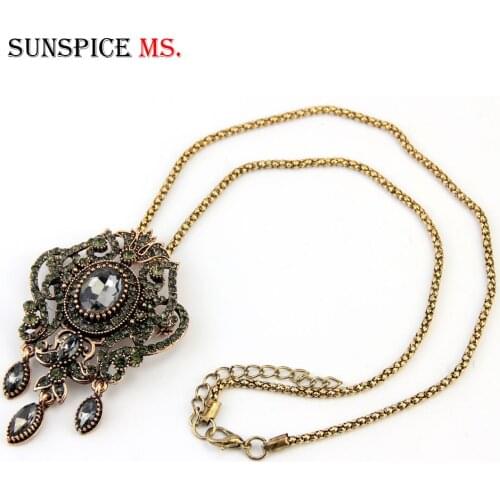 Sunspicems Bohemia Ethnic Necklace for Women Antique Gold Color Gray Crystal Pendant Necklace Turkish Vintage Jewelry Gift