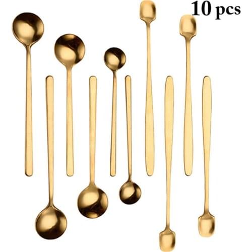 10 Pcs/Set Gold Dinnerware Set Stainless Steel Long Handle Tea Sugar Milk Powder Mixing Spoons Home Dessert Ice Cream Scoop