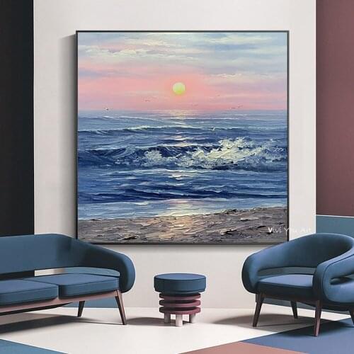 100% Hand painted Sunrise Ocean Oil Painting Wave Background Wall Decoration Painting Modern Restaurant Hanging Painting New
