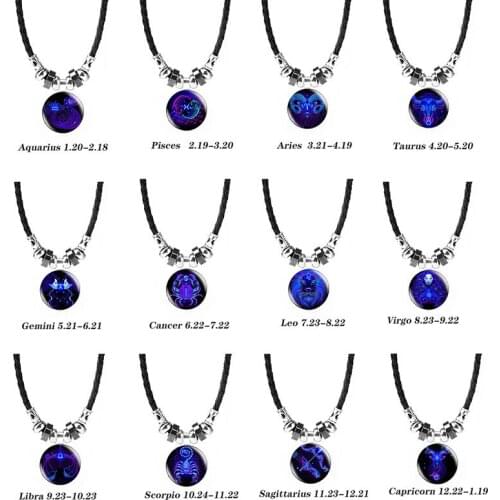 12 Constellation Couple Leather Necklace Twelve Constellation Pendant Necklace Christmas Unisex Gift Jewelry