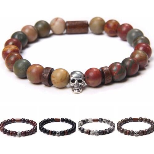 Skull Charm Natural Stone Bead Bracelets For Women Men Bloodstone Malachite Agates Black Picasso Jaspers Goth Unique Style Gift