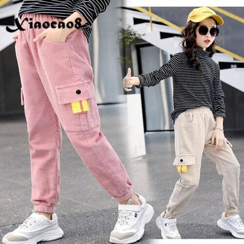 4-14 Years girls casual pants fashion corduroy 4 pockets pants kids elastic waist trousers teenage cargo pants toddler clothes