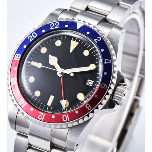 Watch GMT automatic movement 40MM steel shell mechanical watch luminous hand chain silk bracelet red and blue bezel B15