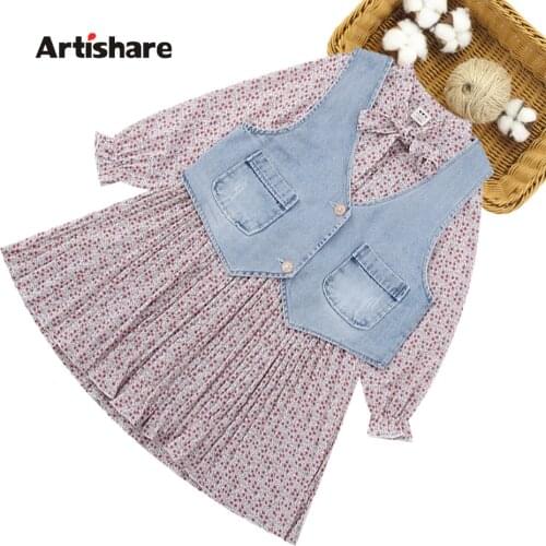 Children Clothes Denim Vest + Floral Dress Costume For Girls Casual Kids Clothes Girls Spring Autumn Childrens Tracksuit