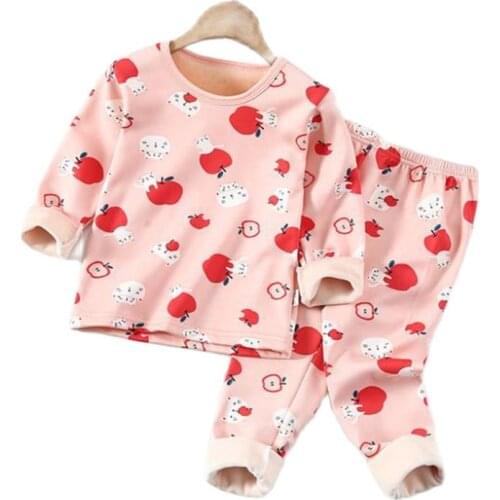 Childrens pajamas set autumn and winter new men and women baby plus velvet warm set, big children cartoon milk silky pajamas