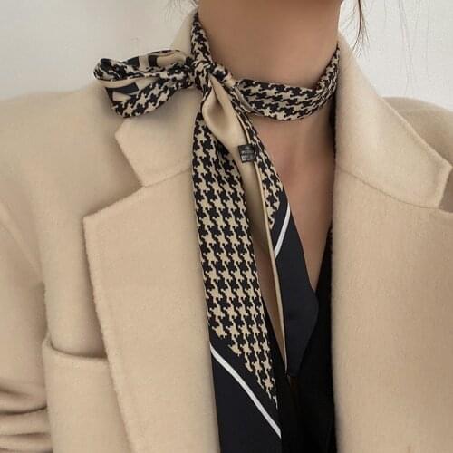 Luna&Dolphin Niche Skinny Long Scarf 107x7cm French Style Retro Beige Black Plaid Tied Hair Streamers High-End Sense Headbans