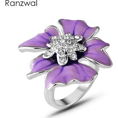 Ranzwal Elegant Purple Enamel Flower Rings for Women Rhinestones Finger Ring Female Jewelry US SIZE 6~8