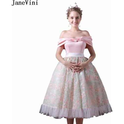 JaneVini 2018 Graceful Pink Ball Gown Bridesmaid Dresses for Weddings Boat Neck Backless Tea Length Lace Women Formal Prom Gowns