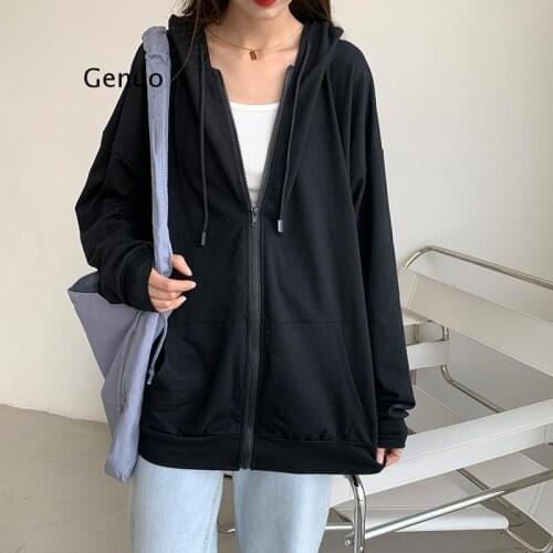 Harajuku Korean version loose thin long-sleeved hooded sun protection coat solid color retro shirt student girl top