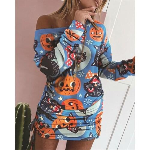 Fashion Halloween Print Mini Dress Women Long Sleeve Bandage Pleated Bodycon Dresses Autumn Party Club Basic Dress Plus Size