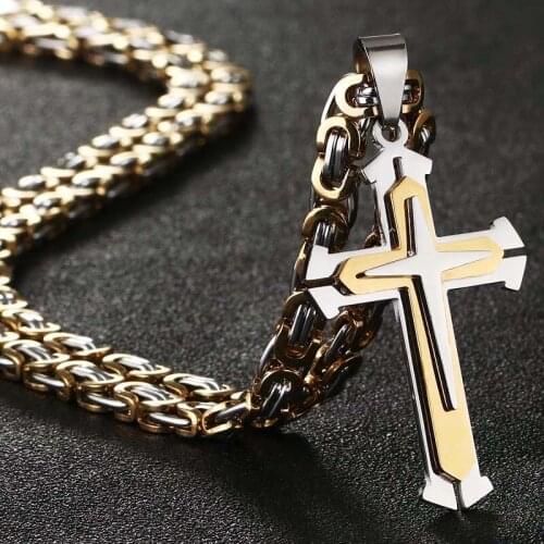 Punk Men Knight Cross Pendants Necklaces Byzantine Stainless Steel Chain Necklace Gold Silver Color Jewelry for Male цепочка
