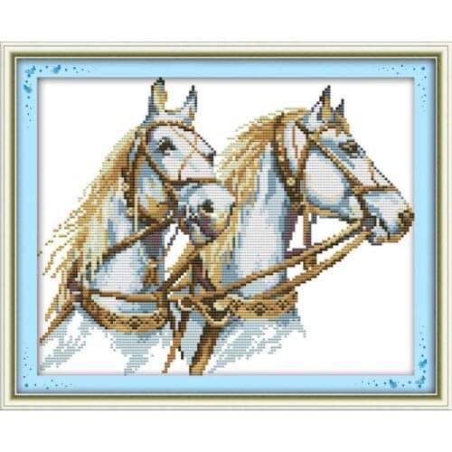 Two horses cross stitch kit 14ct 11ct pre stamped canvas cross stitching animal lover embroidery DIY handmade needlework