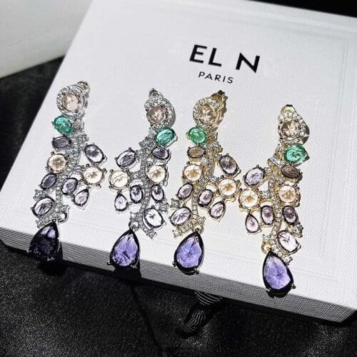 Independent design elegant luxury colorful purple long earrings temperament high sense zircon exquisite ladies jewelry