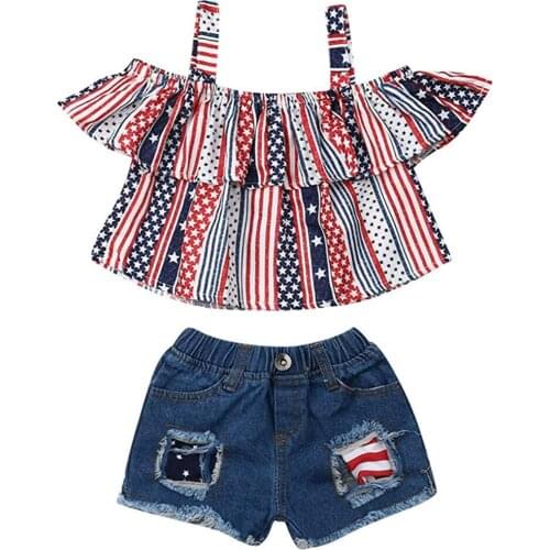 New Baby Girl Off Shoulder Top Blouse Denim Shorts Baby Girl Clothes Set Kids Soprt Suit Girl Outfits Set Kids Clothes