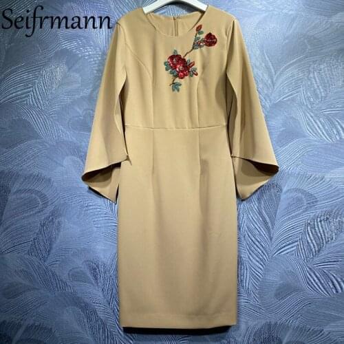 Seifrmann New 2021 Autumn Woen Fashion Runway Party Midi Dress Butterfly Sleeve Gorgeous Beading Elegant Ladies Dresses Vestidos