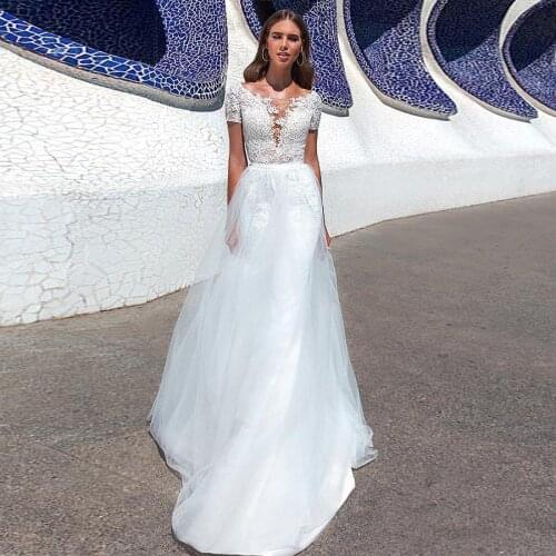Stunning Tulle Lace Scoop Neckline 2 In 1 Wedding Dresses With Detachable Skirt Short Sleeves Hot Crystals Bridal Dress