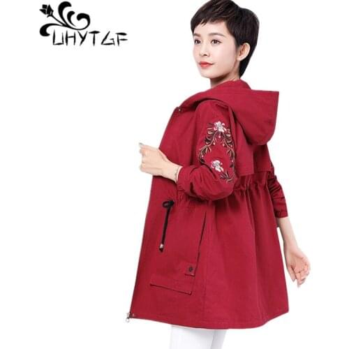 UHYTGF 5XL plus size tops coats womens new Fashion hooded embroidered spring trench coat Lace-up Slim Casual long coat female 81