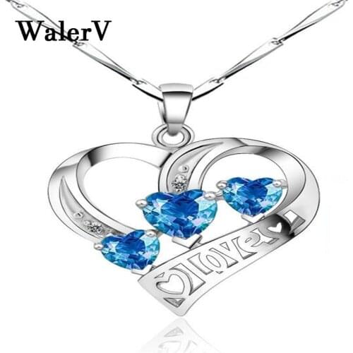 WalerV Love Shape Pendant Necklace For Women Set Charm Heart sahib Blue Crystal stone Girl Send Lady Birthday Gifts Jewelry