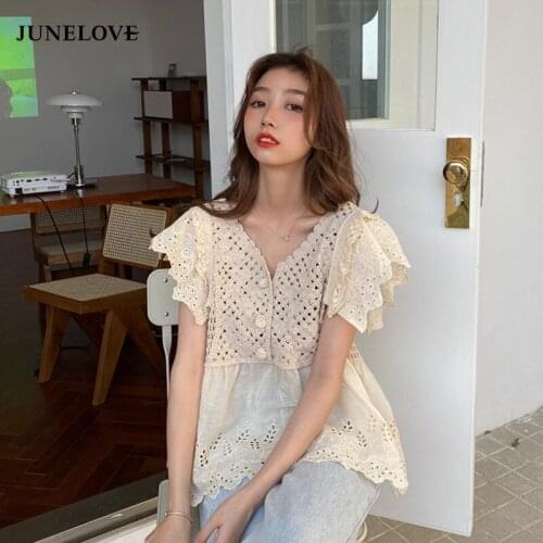 2020 New Summer Shirts Women Fashion Lace Hollow Out shirts V-neck Sexy Tops Tees Female Clothing Cute Sweet Blouse