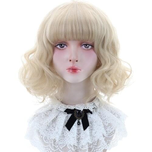 AICKER 14" Short Wavy Synthetic Ash Blonde Brown Ginger Dun Hair Bob Wigs with Blunt Bangs for Women Lolita Cosplay
