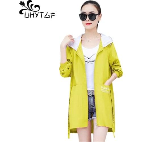 UHYTGF Elegant Summer Top Women Fashion Hooded Outdoor Thin Sun Protection Clothing Korean Loose Breathable Plus Size Coats 1601