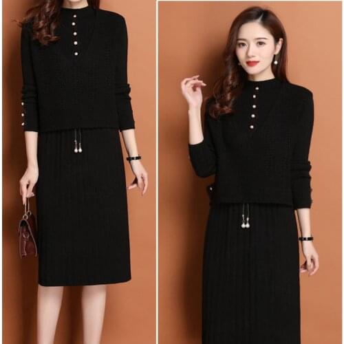 Autumn Winter 2 Piece Knit Set Women Skirt Long Sleeve Sweaters + Elastic Midi Skirt Suits Casual 3XL Fashion Elegant Set