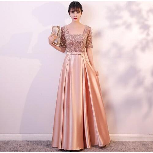 Sequins Luxurious Square Collar Evening Dress Empire Short Sleeve A-Line Zipper Back Floor-Length Woman Formal Party Gowns A1311