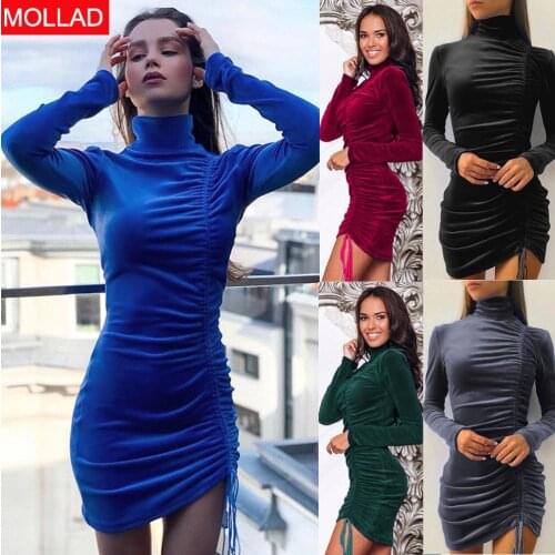 2021 Europe and America Suede Drawstring Turtleneck Dress Women Fall Winter Fashion Long Sleeve Skinny Sheath Formal Dress