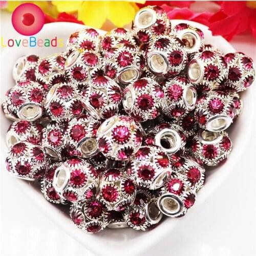 10Pcs Color Rhinestone Glass Crystal Round Ball Muranos Big Hole European Spacer Beads Charm For Women Pandora Bracelet Jewelry