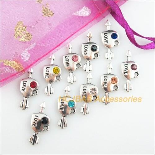 20 New Arrow Heart Charms Tibetan Silver Tone Retro Mixed Crystal Pendants 10.5x21mm