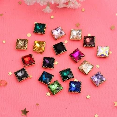 CJSIR 20pcs Square Glass Crystal Sew on Gemstone Flat back Golden Claw Buttons for Clothing Dress Bridal Decors DIY Crafts