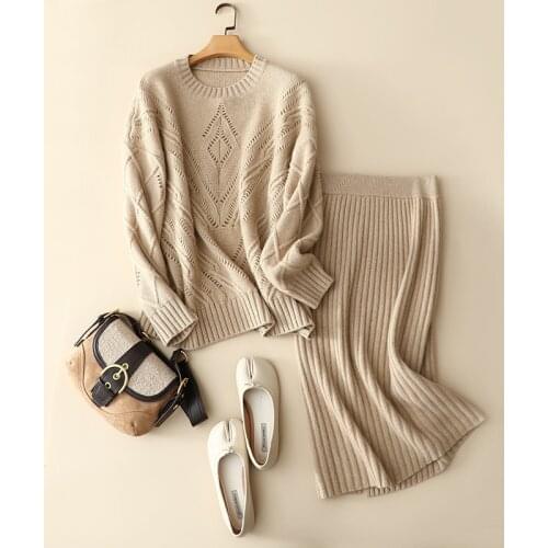 2021 new autumn winter luxury 100% cashmere set women loose pullovers ladies softness jacquard thick oversized jumper chic skirt