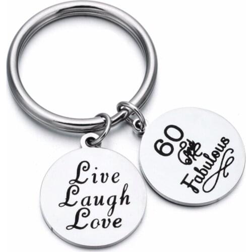 30mm Stainless Steel 60th Birthday Gift Key Ring Live Laugh Love Charms Keychain for Family Grandpa Grandma