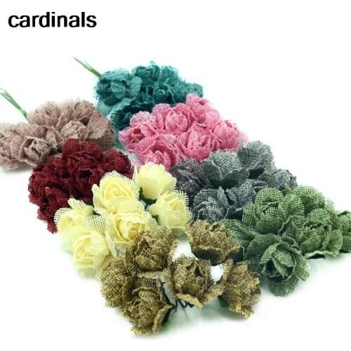 60pcs/lot Burlap Hessian Mini Artificial Silk Rose Flowers Bouquet Scrapbooking Wedding Party Decoration DIY Handmade Wreaths