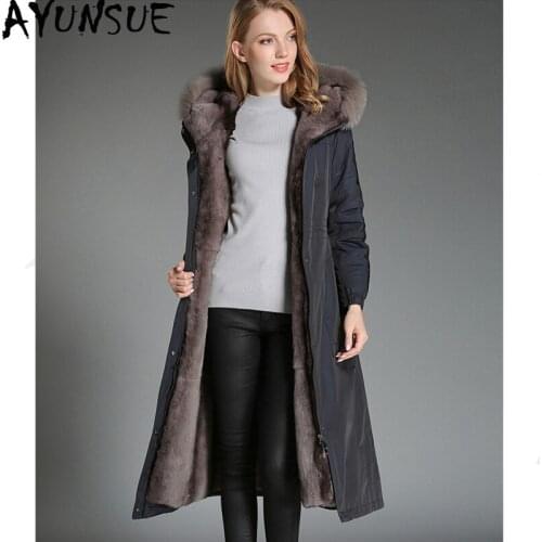 AYUNSUE Natural Rabbit Fur Liner Luxury Parka Real Fur Coat Winter Jacket Women Fox Fur Collar Korean Long Trench Coats MY3753