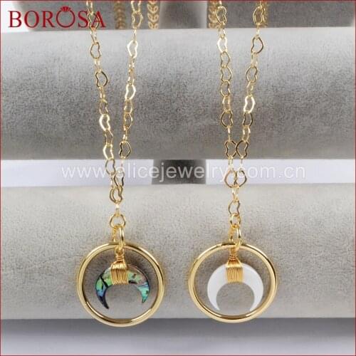 BOROSA 5PCS Trendy Gold Color White Shell Abalone Shell Horn Circle Necklace Natural Shell Pendant Necklace Jewelry G1519