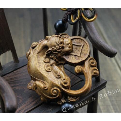 Wood Carving Chinese Pixiu Pi Yao Coin Foo Dog Statue Car Pendant Wooden Craft