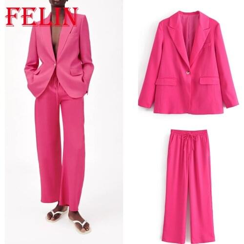 Women Office Lady Chic Pink Blazer Za 2021 Oversized V Neck Pockets Vintage Jackets Elegant Loose Long Sleeve Blazer Mujer Tops