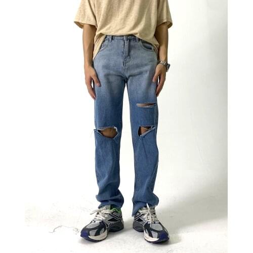 Gradient Jeans Straight Pants Man Hip Hop Ripped Jeans Wide Leg Pants for Men Women Boyfriend Jeans Streetwear Blue Baggy Jeans