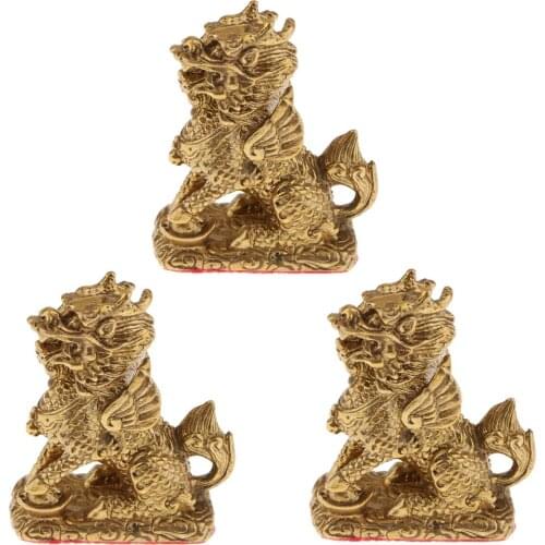 Feng Shui Golden Brass Chi Lin/Kylin Wealth Prosperity Statue Ornament Wealth and Good Luck, Set of 3