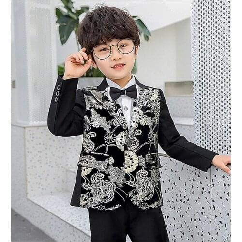 Formal Floral Printing Boys Suit 2 Pieces Set Children Prom Wedding Suits Blazer Kids Stage Performance Tuxedo Jacket with Pants