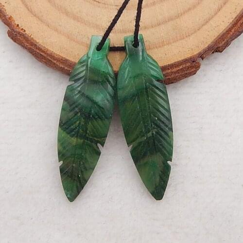 Hot Sale Carved African Jade Feather Earring Beads,Semiprecious jewelry earring 36x11x4mm，5g