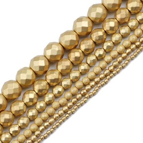 JHNBY Matte 14 KC Gold Faceted Round Hematite Natural Stone 2~10mm Spacer Loose Beads For Jewelry Making Diy bracelets Findings