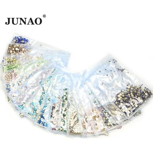 JUNAO 1400pcs Mix Size Glass Crystal Non Hot Fix Rhinestone Flat Back Strass Stone Stickers Glitter Nail Diamond Gems Decoration