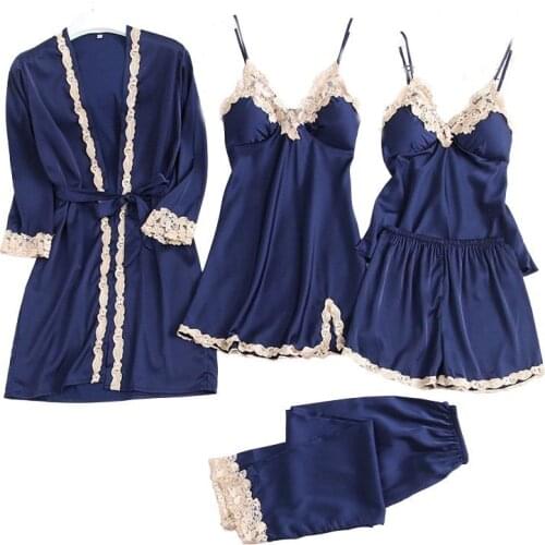 Women 5PCS Kimono Gown Set Casual Satin Bath Gown Sexy Bride Bridesmaid Wedding Robe Sleepwear Lace Spring Summer Home Clothes