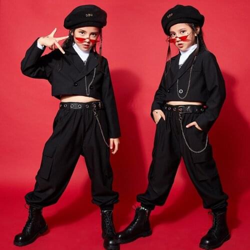 Cool Black Hip Hop Show Suit Girls Ballroom Dance Clothes Long Sleeves Jazz Performance Costumes Kids Street Rave Outfit BL4878