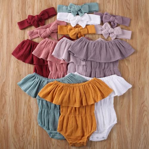 0-24M Summer Baby Girls Bodysuits Kid Ruffle Off Shoulder Tops Solid Jumpsuit Headband Outfit Cotton Linen Baby Girl Clothes